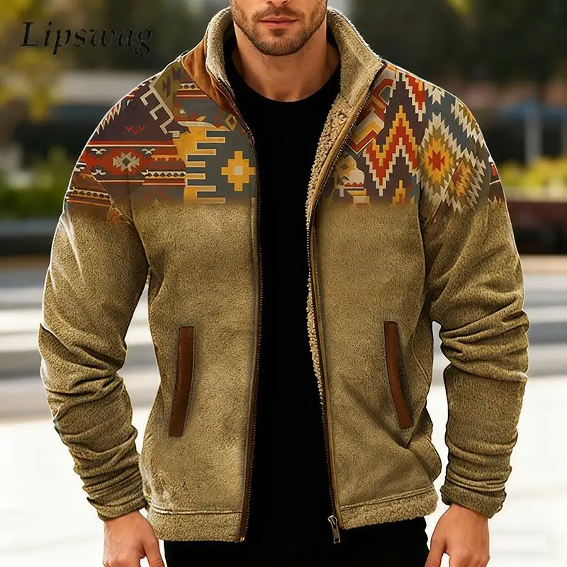 

Vintage Stand Collar Fleece Lined Coats Men Retro Pattern Print Outerwear Fall Winter Stylish Mens Patchwork Jacket Coat For Man