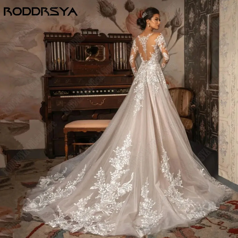 RODDRSYA Scoop Neck A-Line Wedding Dress Long Sleeves Illusion Back Tulle Bridal Gowns Lace Applique Plus Size Vestido De Novia