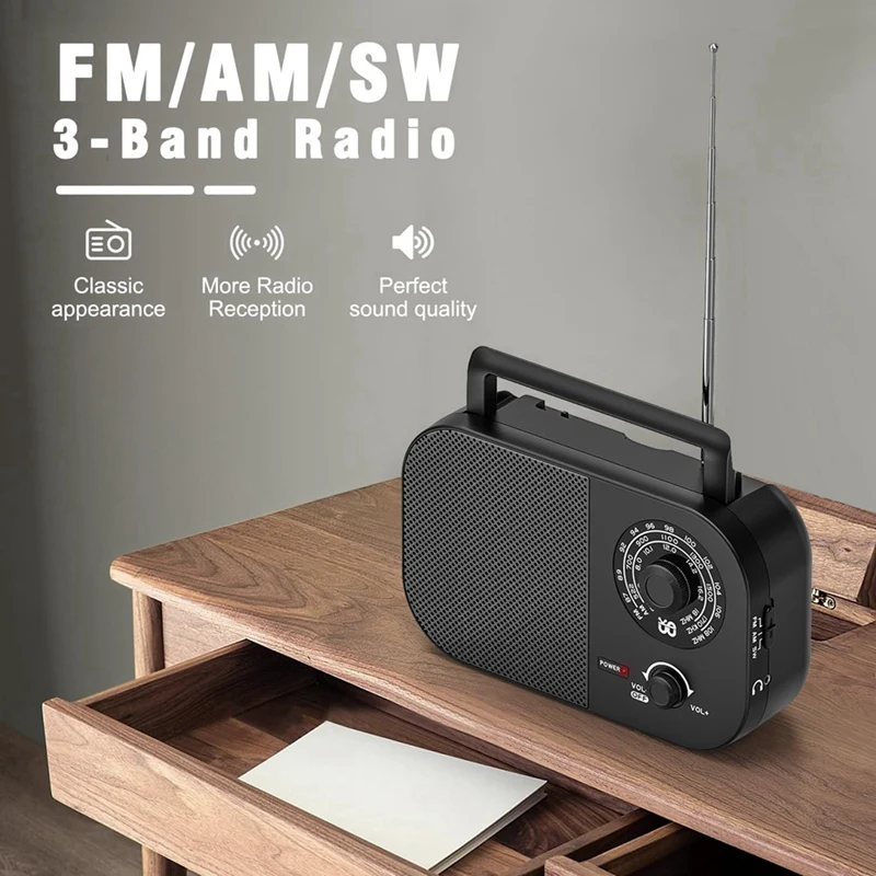 Radio portátil AM, FM, SW, Transistor, batería de alimentación de CC o CA, altavoz grande de 5W, perilla de sintonización grande, Radio de bolsillo para exteriores