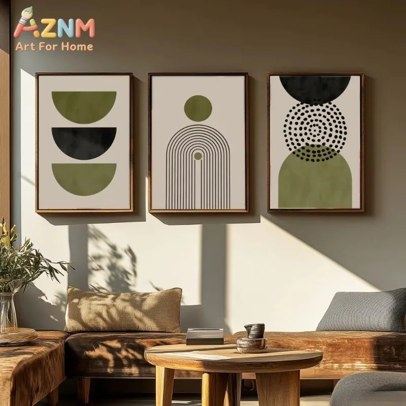 3PCS Boho Abstract Geometric Canvas Wall Art Olive Green Black Arch Circle Mid Century Wall Prints Living Room Decor Poster Gift