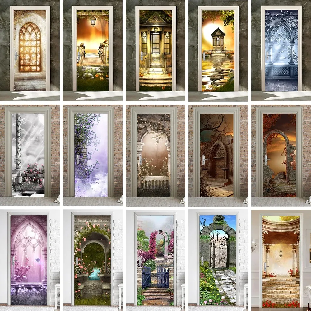 

Gothic Style Arched Door Sticker Retro Palace Buildings Waterproof PVC Wall Art Mural Peel and Stick Wallpaper Home Decor