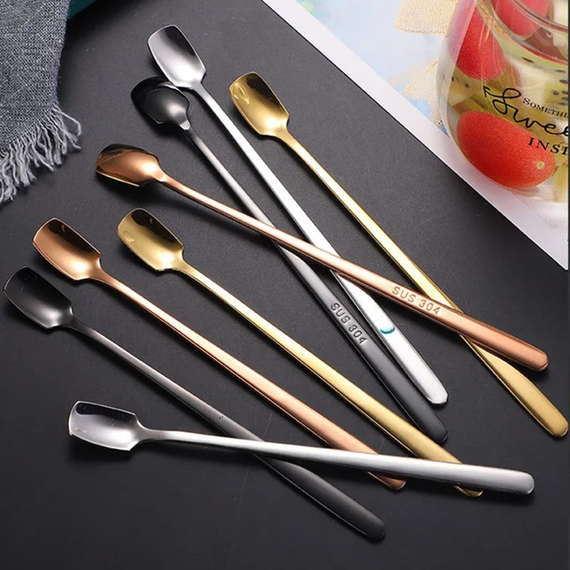 1PC Square-Headed Teaspoon Long Handle Coffee Tea Stirring Spoons Dessert Ice Cream Mini Scoop Stainless Steel Kitchen Tableware