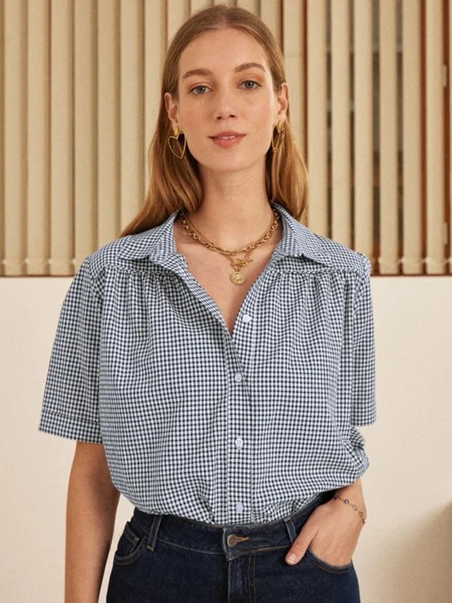 

Classic Plaid Blouse Women Turn Down Collar Short Sleeve Cotton Shirt Female Vintage Casual Loose Fashion Shirts 2024 Summer New