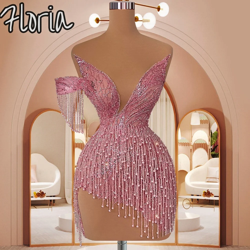 

Fashion Light Pink Mermaid Beaded Homecoming Dresses V-neck Tassels Mini Graduation Dresses Pearls Black Girls Party Dresses