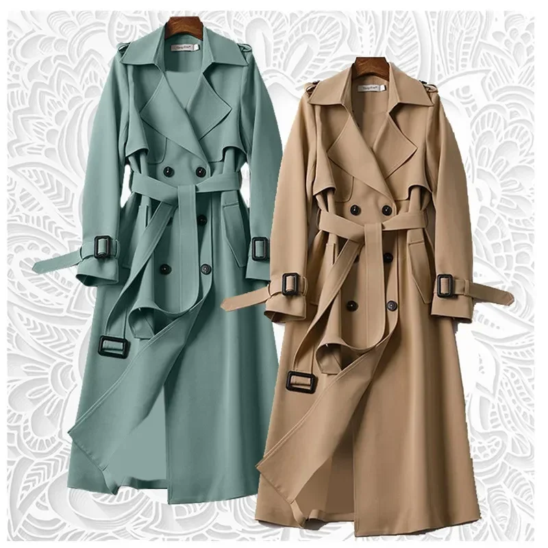 

2024 Autumn And Winter New Solid Colour Double Row Of Buttons To Lengthen The Trench Coat Simple Style With Waist Lapel Coat