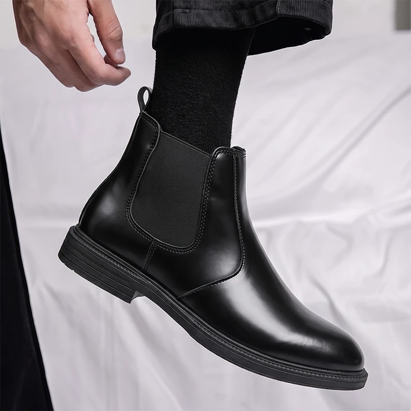 Herren Chelsea-Stiefeletten aus glattem PU-Leder, mit elastischem Bund, zum Hineinschlüpfen, niedrigem Absatz, modisch, für Business und Alltag, Herrenschuhe. – Detail 9