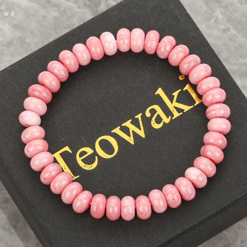 TeoWaki Dark Red Crackle Chip Crystal Stretch Bracelet Flat Oval Vein Beads Stackable Daily Jewelry Best Gift For Women Men 19cm