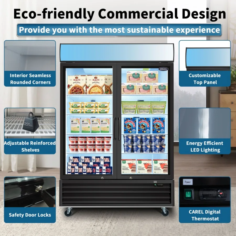ORIKOOL กระจกประตูสินค้าตู้แช่แข็ง 44.7 Cu.ft Swing ประตู Commercial ReachIn จอแสดงผลตู้แช่แข็ง LED แผงด้านบนตรง Fr