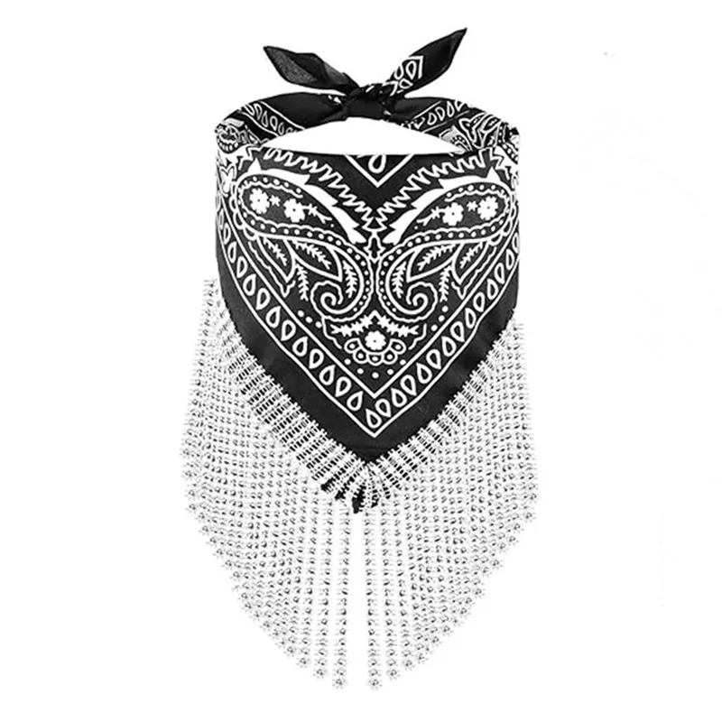 55c*55cm Women Rhinestone Fringe Bandana Designer Fashion Tassel Scarf Handkerchief Embellished Disco Bachelor Party  Decoration