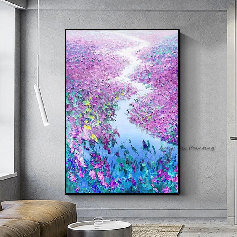 Handpainted Oil Paintings Abstract Flower Water Lily Lake View Purple Canvas Painting Living Room Decoration Mural