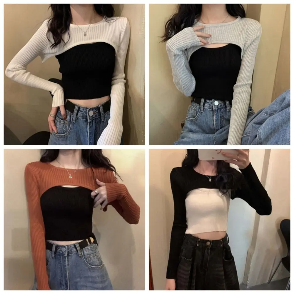 Slim Knit Long Sleeve Crop Top Solid Color Harajuku Cropped Sweaters Pullovers Streetwear Short Blouse O-neck Knitted T-shirt