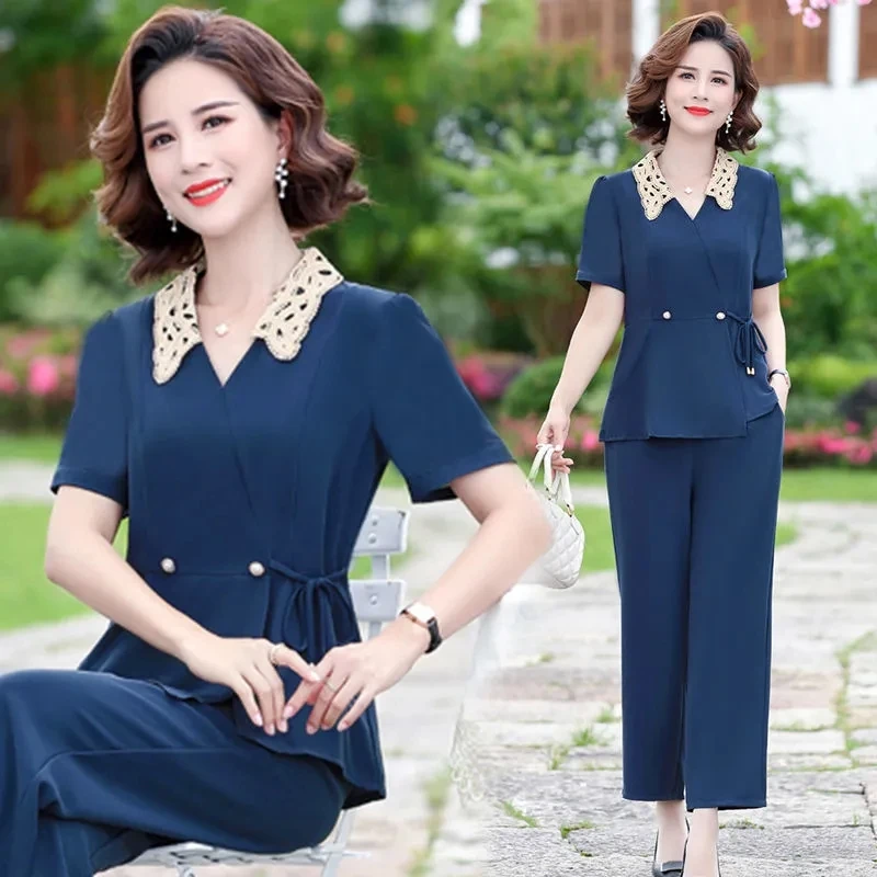 

5XL Women Pants 2-Piece Set 2023 Summer Suit Middle Aged Female Short-sleeved Tops+ Wide leg Pants Two-Piece Suit Loose Sets