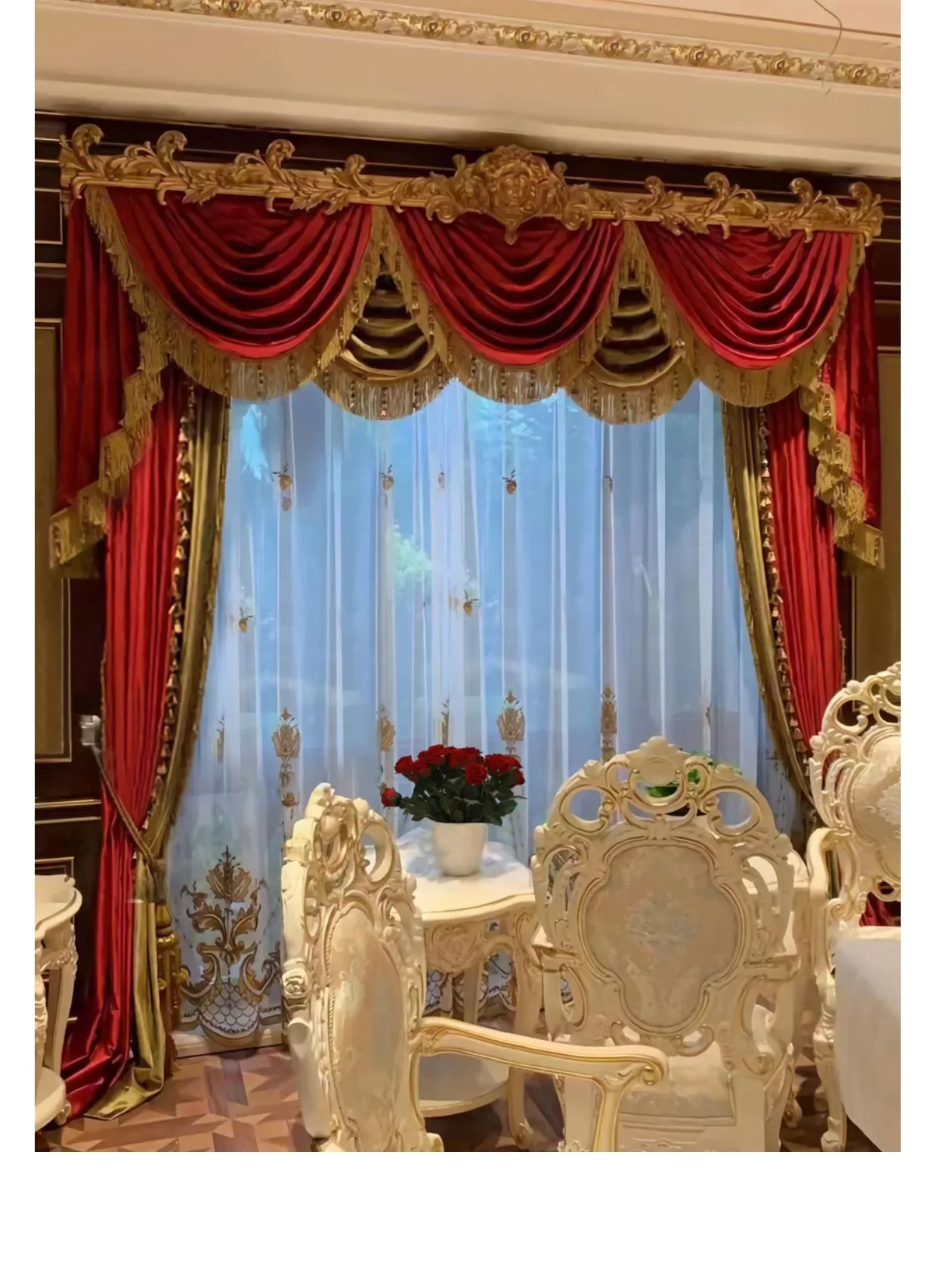 Gold Red Embroidered Window Screen Velvet Splicing Thickened Curtains for Living Room Bedroom French Balcony Villa Valance