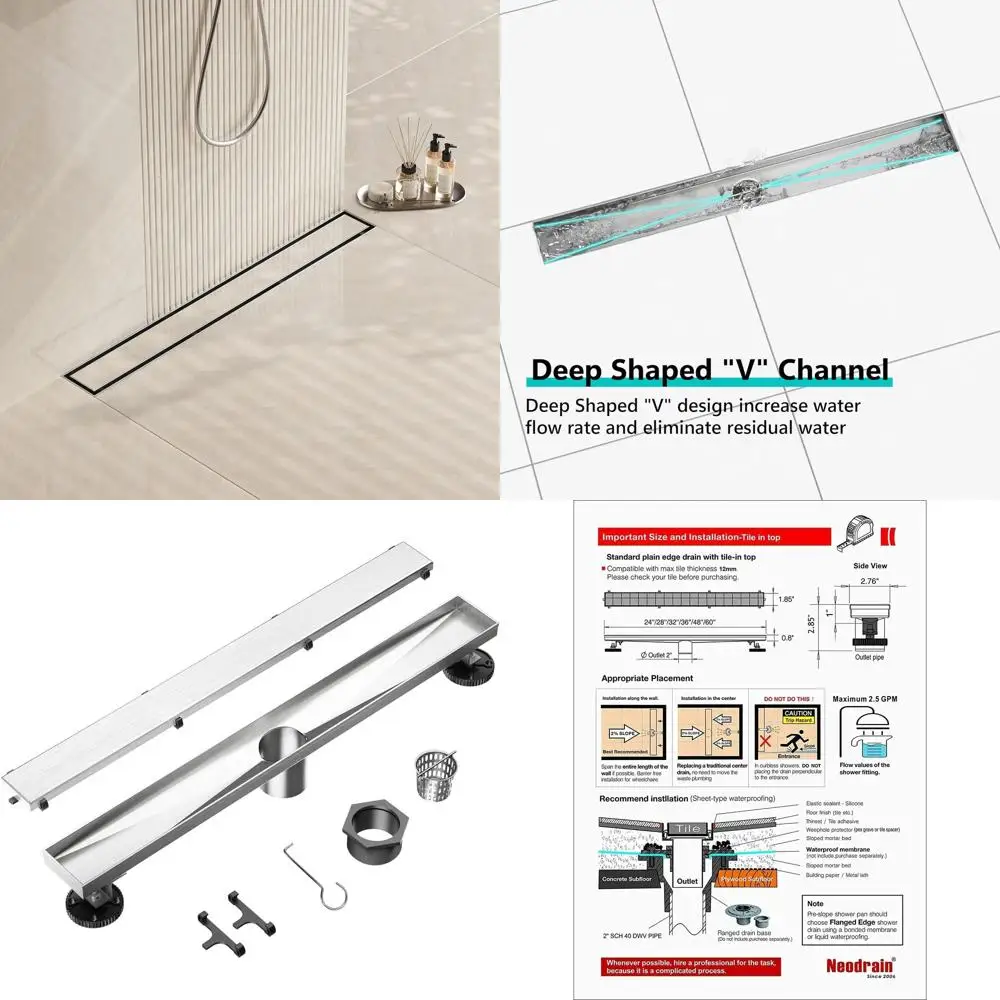 

40 Professional Grade 304 Stainless Steel Linear Shower Drain with Tile Insert and Base