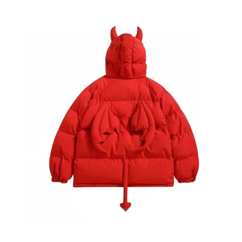 Women Black Gothic Thicken Parkas Jacket Hip Hop Devil Horns Wing Couple Hooded Padded Jacket Streetwear Emo Coat Winter Clothes