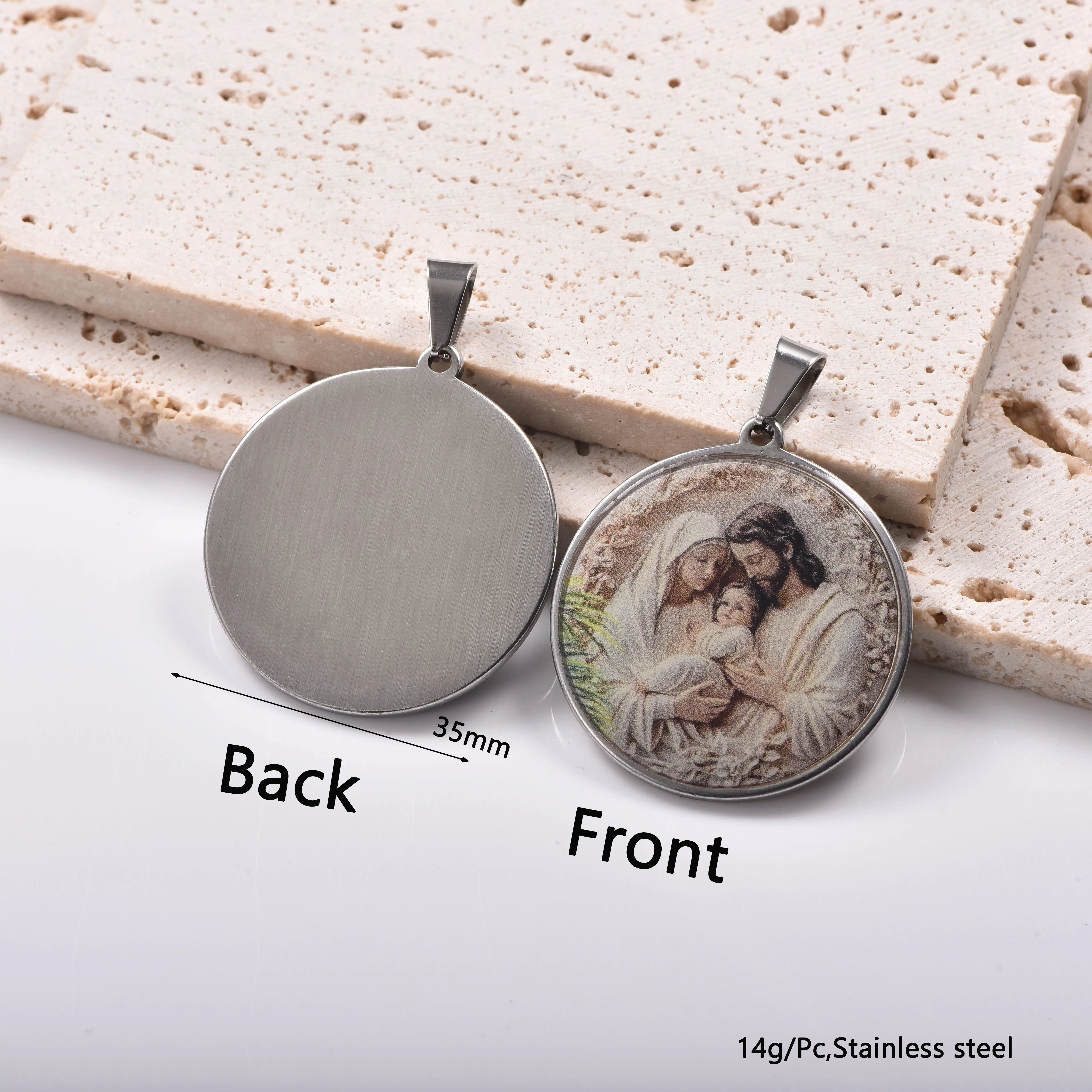 Christlicher religiöser runder Cabochon-Anhänger, Edelstahl-Charm-Halskette, Zubehör, handgefertigte Schmuckherstellungsmaterialien – Detail 5