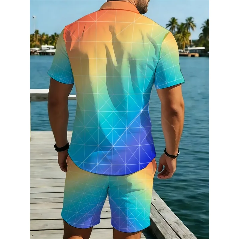 Men Summer Beach Outfit Color Gradient Short Sleeve Shirt and Shorts Set Lightweight Comfortable Casual Vacation Matching Suit view 2