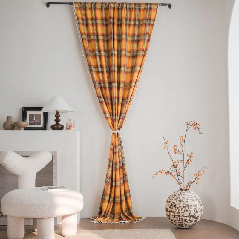 Orange Plaid Yarn-dyed French Curtains Semi-blackout Curtains for Living Dining Room Bedroom Luxury Tulle Decoration Lace Drapes