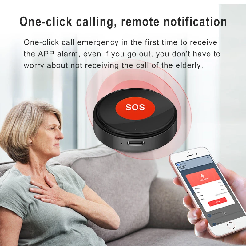 Tuya WIFI SOS Panic Button Black ONE-Key Help Smart Life APP Emergency Alerts Rechargeable Battery for Elderly Kids Disabled