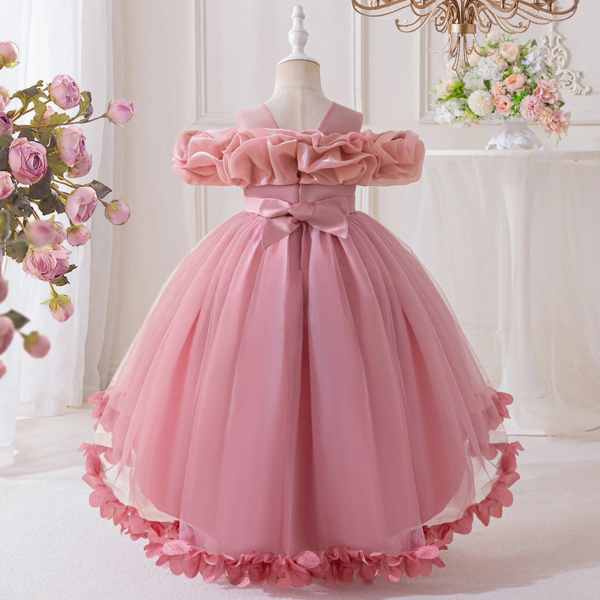 Elegant Fold Flower Trailing Girls Party Dress Summer Tulle Birthday Wedding Princess Dresses for Girl Bridesmaids Evening Gown