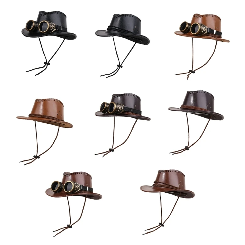 فاسق نمط بو قبعة رعاة البقر للبالغين ، النمط الغربي ، قبعة حافة كبيرة ، قبعة Sunproof عادية مع نظارات واقية ، ديكور وحزام الذقن #1