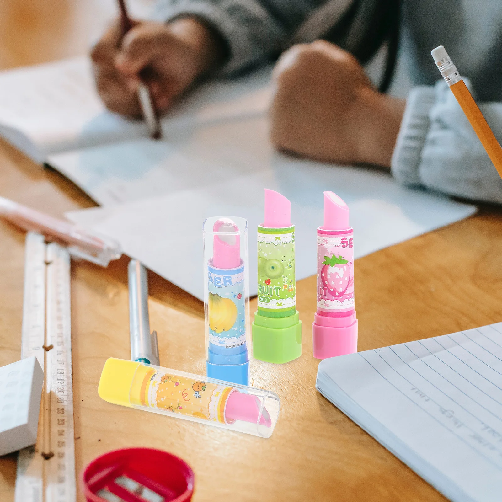 8Pcs Lipstick Eraser Creative Colorful Fruit Pattern Cartoon Stationery Pencil Eraser Students Gift Stationery