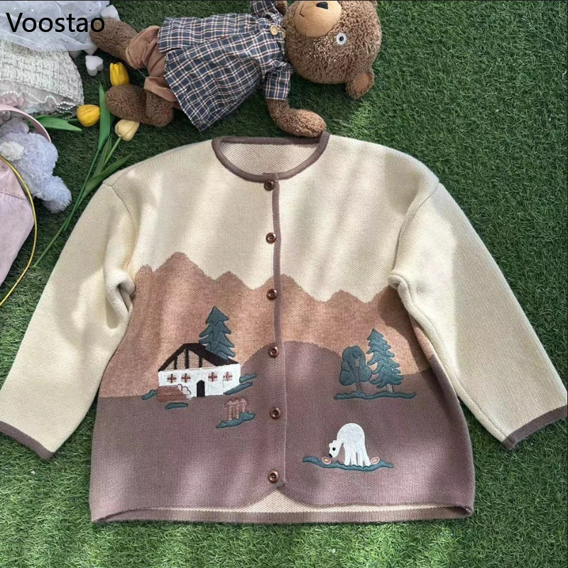 Mori Girl Style Sweet Knitted Cardigans Women Contrast Color Loose Single Breasted Cartoon Sweater Harajuku Female Cute Jacket