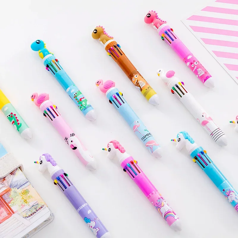 10 Pcs Flamingo Unicorn Dinosaur Cartoon Head Ten Color Colored Ballpoint Pen Student Stationery Doodle Pen Wholesale