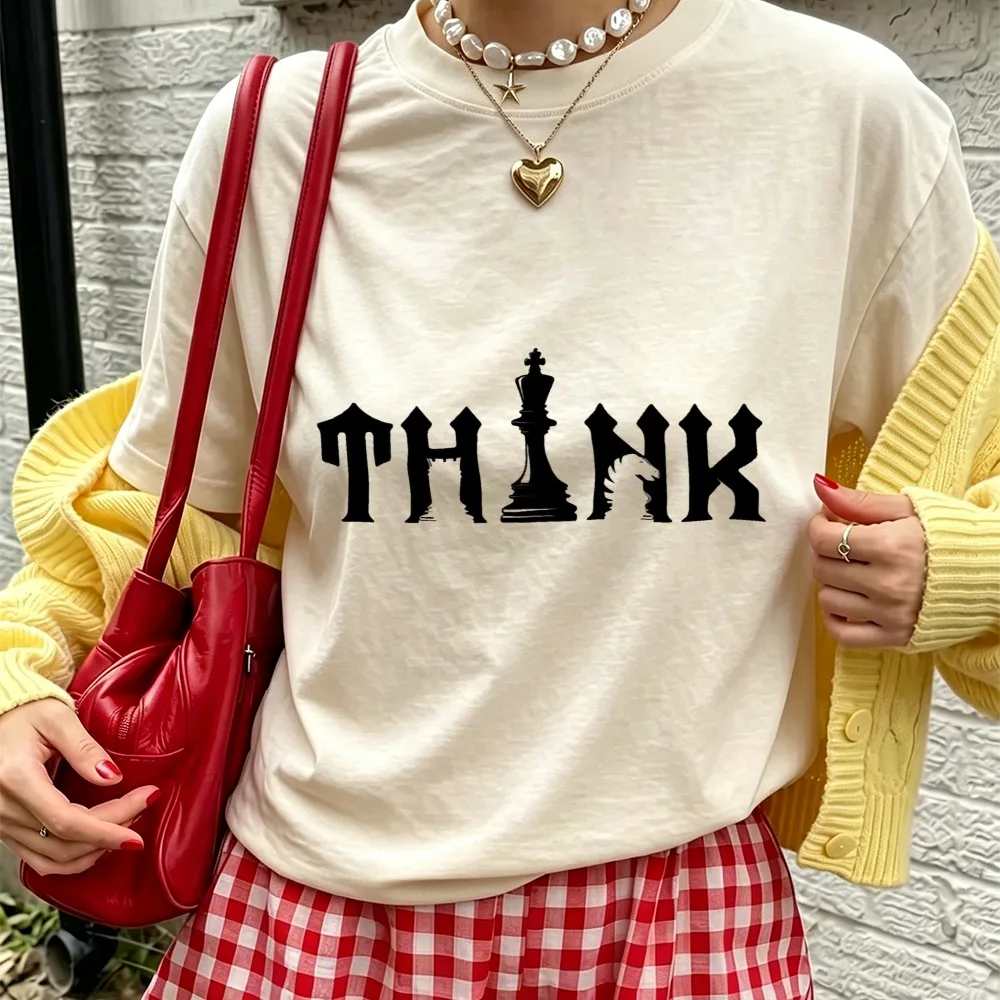 Think Word Replace with Chess King Piece Graphic Tshirt Men Retro Gothic Font Cotton Tee Chess Thinker Board Game Fan Casual Top