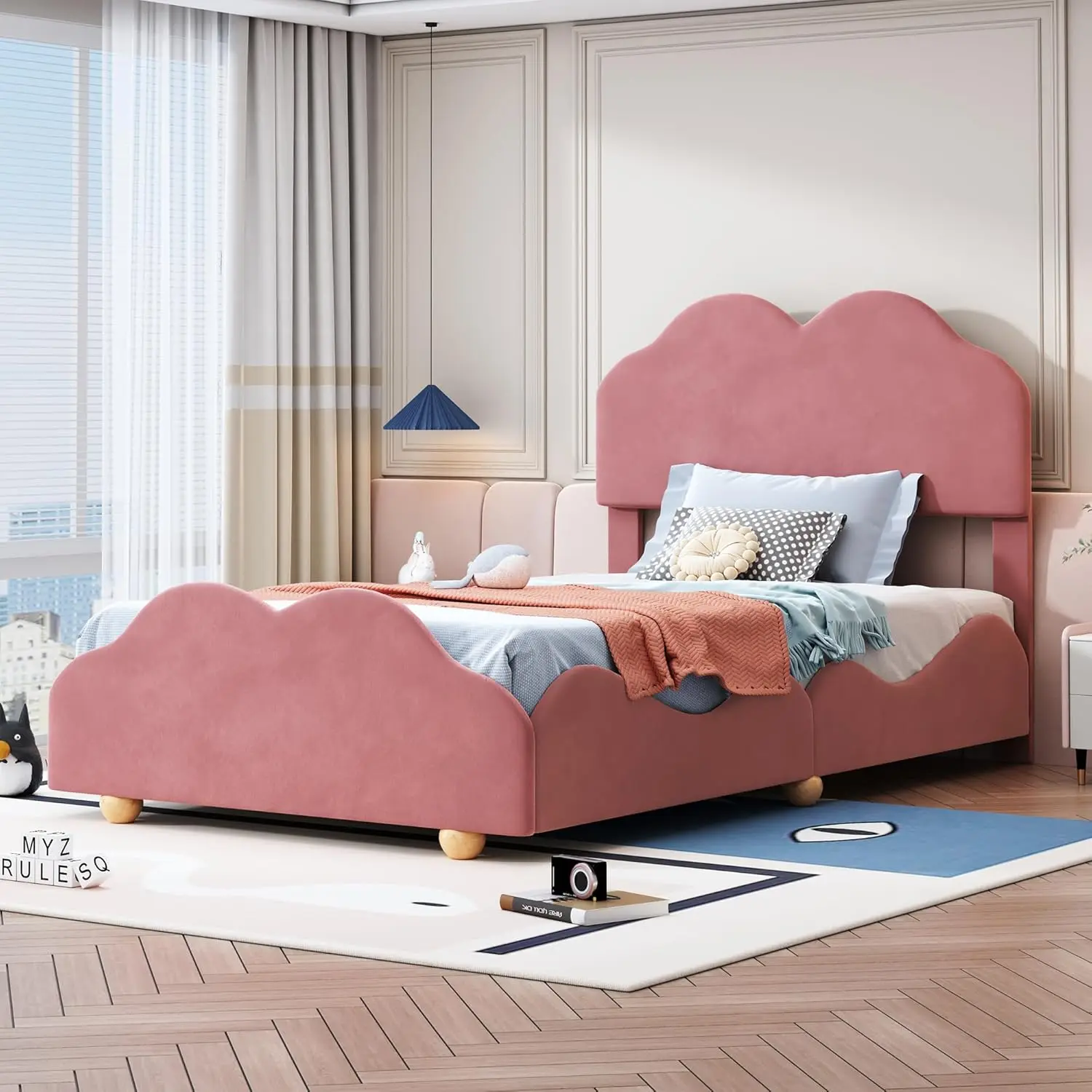 Platform Bed with Cloud Shaped Headboard, Solid Pinewood Bed-Frame W/Supported Feet and Baffle, for Kids,Girls,Boys,Dark Pink