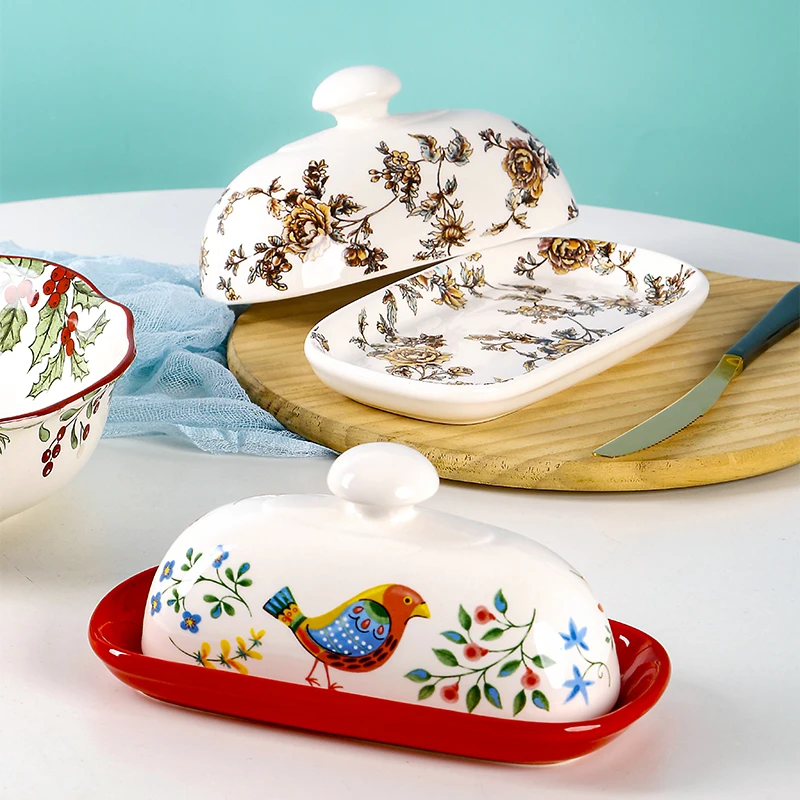 Classic Porcelain Butter Dish with Lid, Beautiful Bird Pattern,Butter Container for East/West Coast Butter