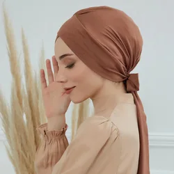 Elastic Solid Color Pre-Tied Hijab Wrap Head Scarf Hats Muslim Turban Bonnet for Women Inner Hat Fashion Female Turbantes Caps