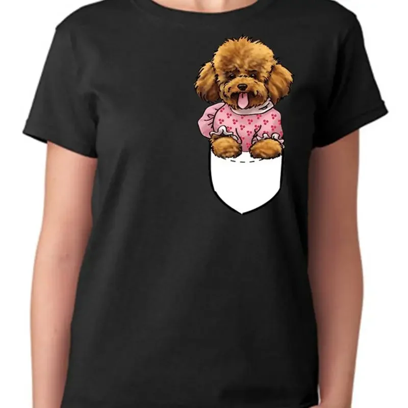 Poodle Dog Fake Pocket Ladies T Shirt
