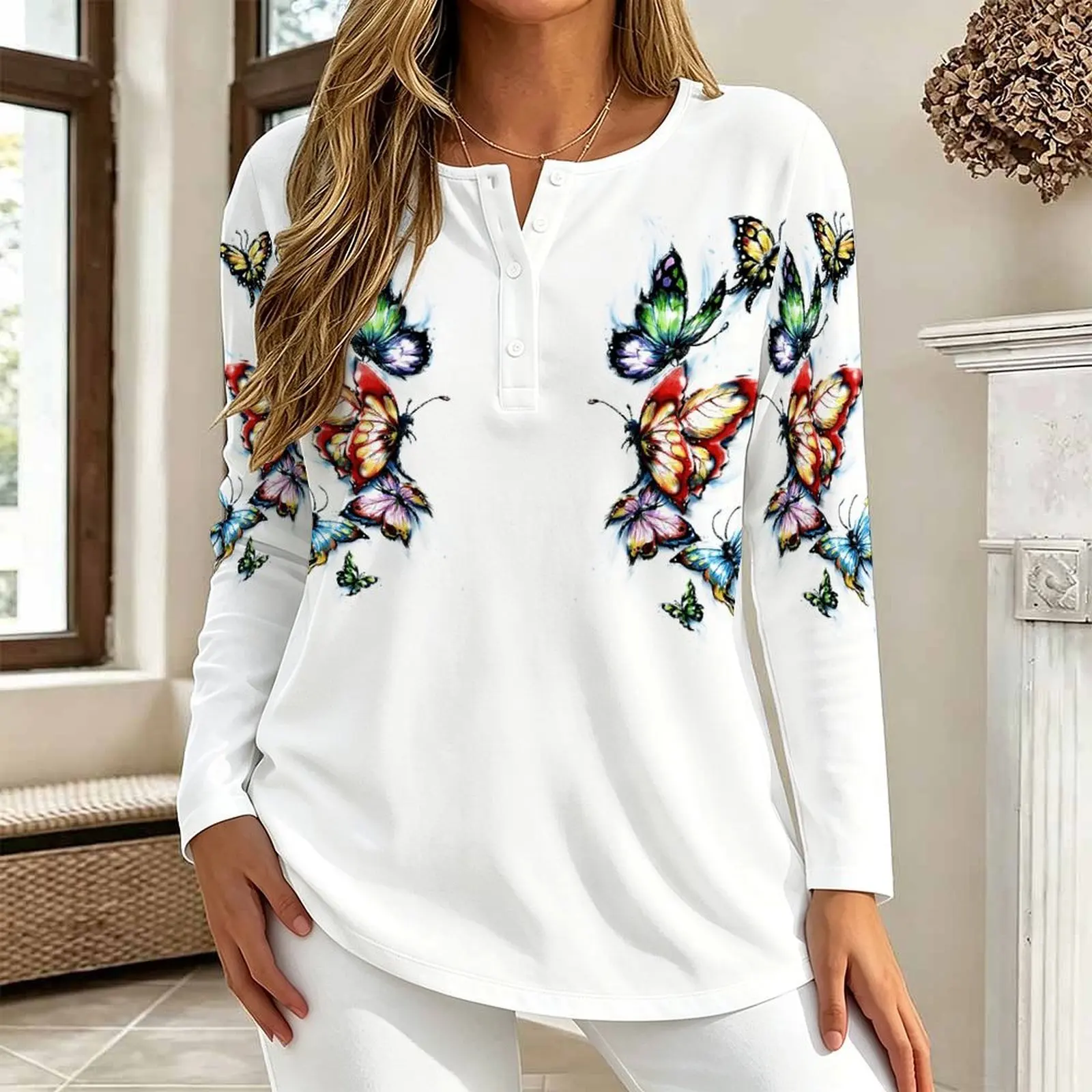 Fashion Clothes Women's Round-Neck Button Top Autumn Winter Print Long Sleeve Daily Outfit Retro Elegant T-Shirt Casual Tee