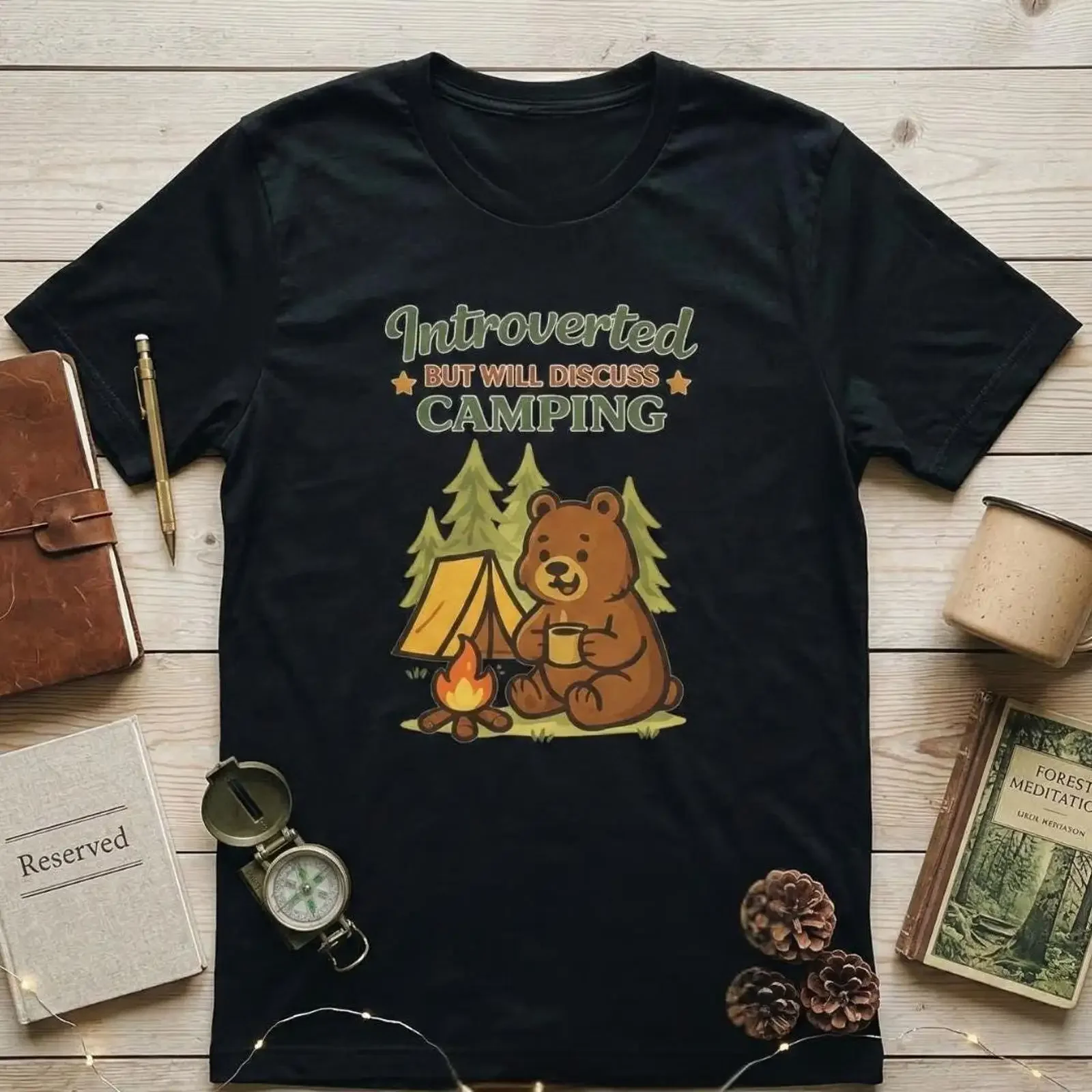 Introverted But Will Discuss Camping T Shirt Bear at Campfire Lover vintage Washed Stretched Slightly Comfortable Versatile