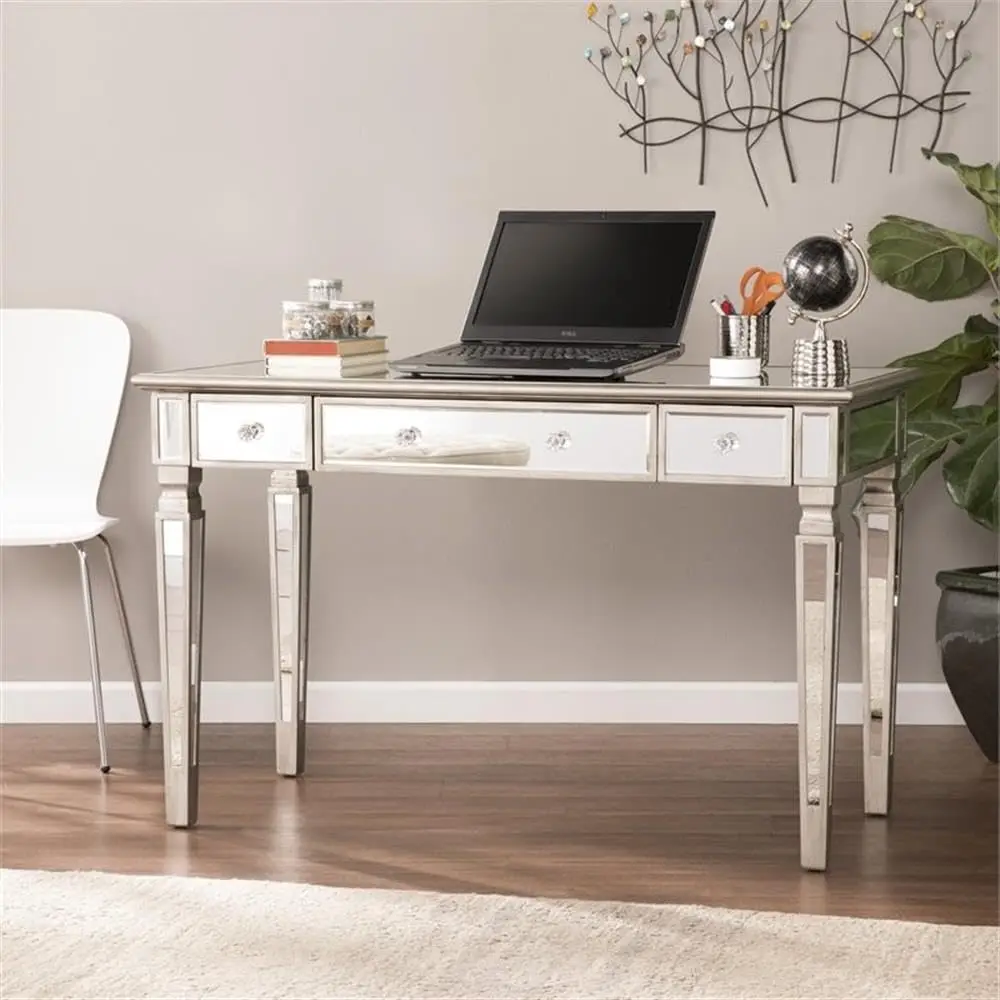 Engineered Wood Computer Desk with Mirror Finish & Matte Silver Frame for Home Office Study, Customized