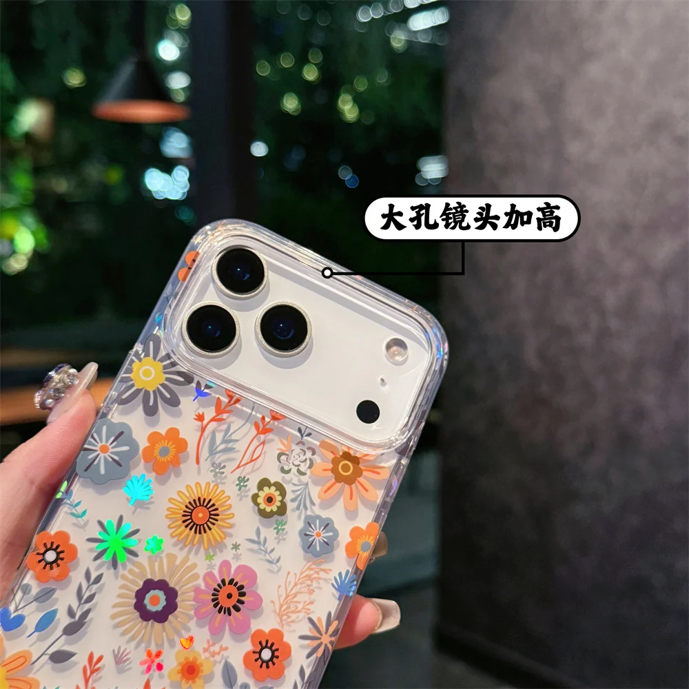 Laser Flowers Transparent Case for iPhone 17 Pro Max/16/15/14/13/12/11 Airbag Shockproof Hard PC Protection Funda iPhone 17 Air