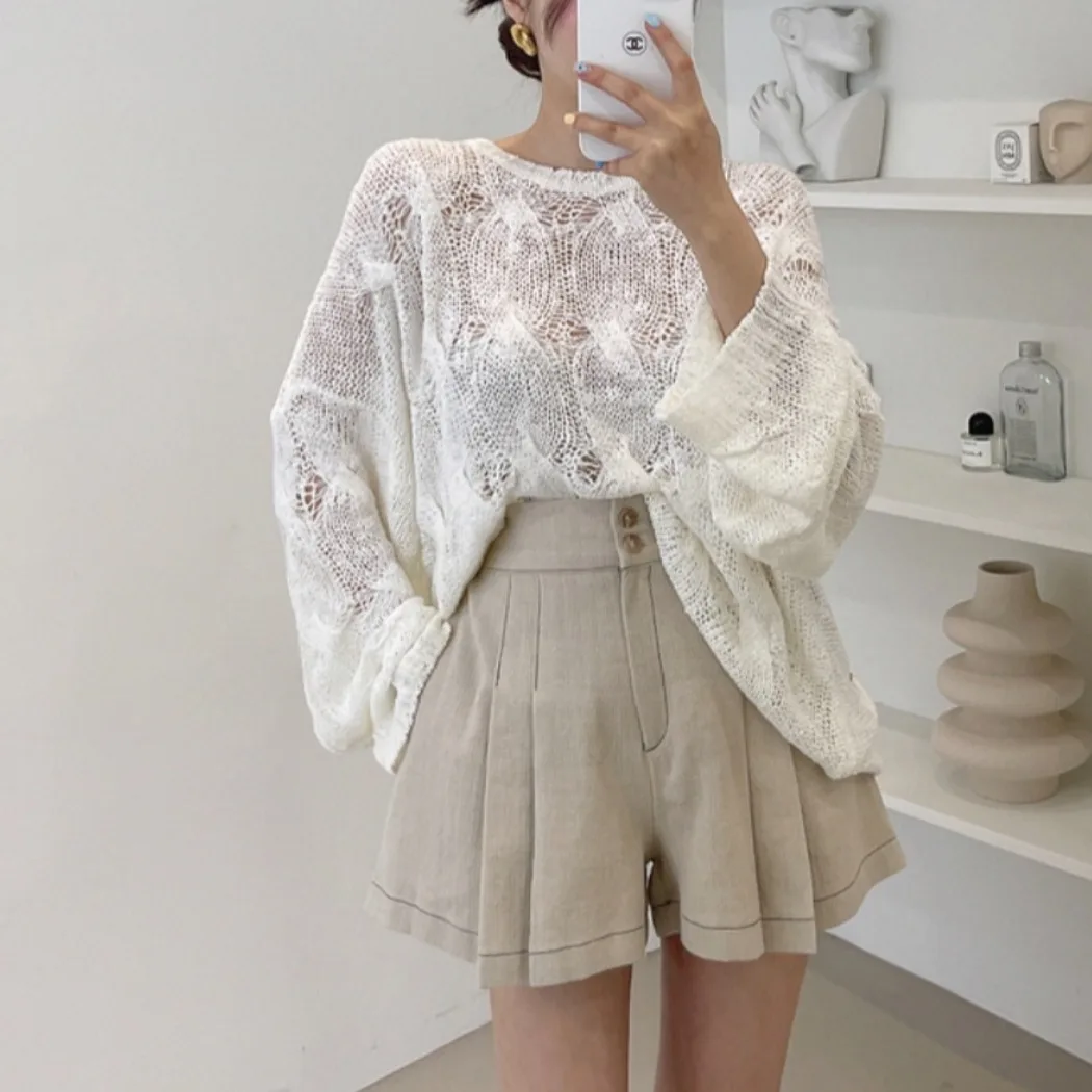 

Chic Summer Loose Hollow out Semi-Transparent Knitted Top High Waist Wide Leg Shorts Two Piece Set Women's Fashion Ensemble