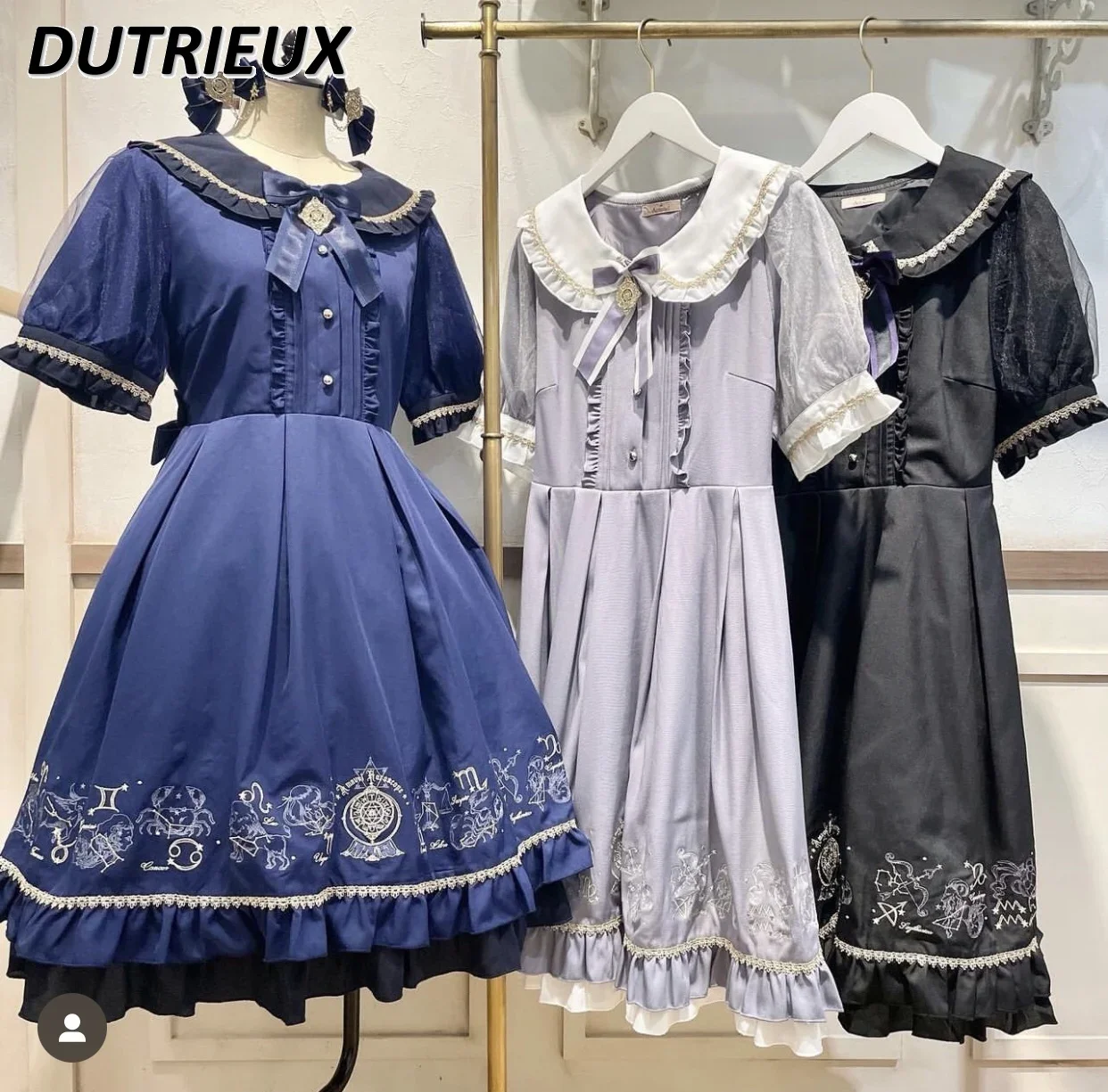 

Japanese Style Summer New Machine Embroidery Slimming Short Sleeve Dress Sweet Girl Doll Collar High Waist Mid-Length Dresses