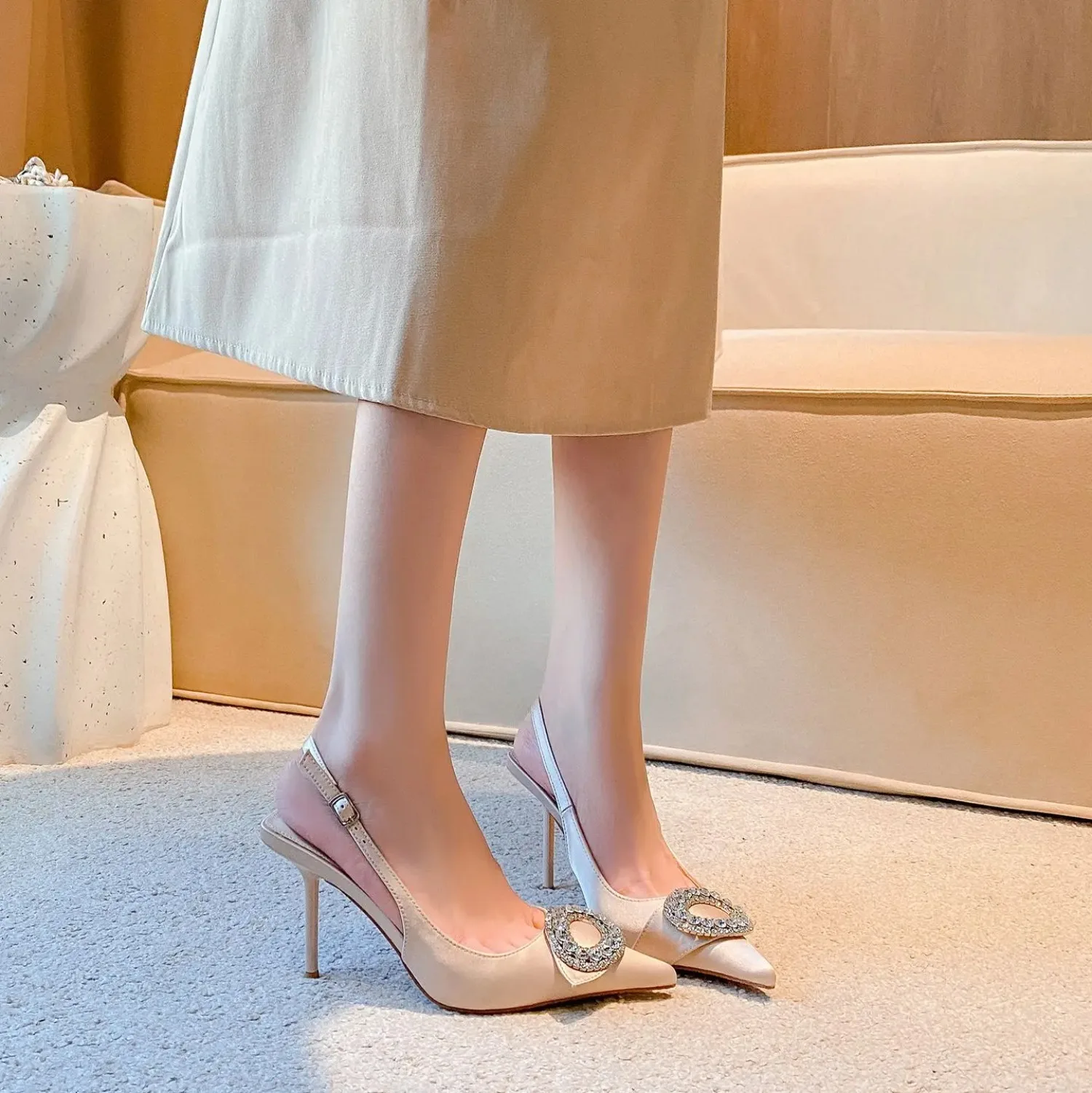 

2026 Summer Apricot Satin Round Rhinestone Buckle Slingback Pointed Toe Stiletto Pumps Wedding Daily Dating Party Occasion