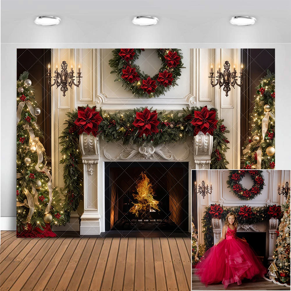 

Elegant Christmas Fireplace Photo Background Kids Family Portrait Photography Backdrop Xmas Tree Red Wreath Photo Studio Props