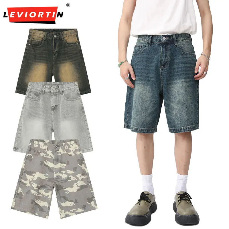 Pantalones Cortos de Mezclilla Vintage para Hombre, Corte Holgado, Estilo Urbano, Largos hasta la Rodilla, Lavados y Desgastados, Casuales de Verano, Tipo Bermuda con Bolsillos
