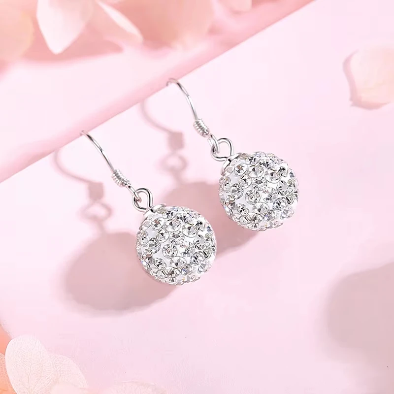 Real 925 Sterling Silver Original Jewelry Shambhala Crystals Zircon Ball Earrings for Women New Fashion Ear Gift Oorbellen