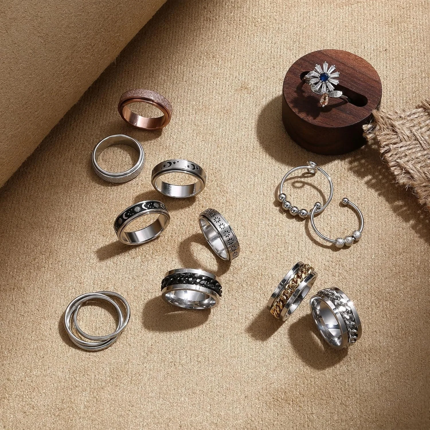 Bobisty 12Pcs Fidget Anxiety Rings for Women Men Stainless Steel Spinner Relieving Stress Rings Flower Moon Star Ring Adjustable