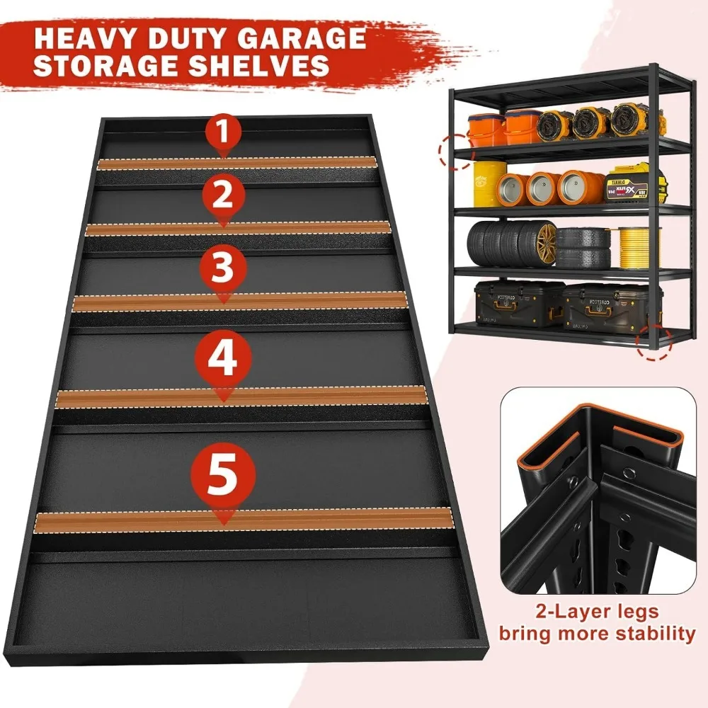 Étagères de Rangement de Garage RapDuty, Étagères Métalliques Réglables à 5 Niveaux, 3000LBS, 48.2 "W