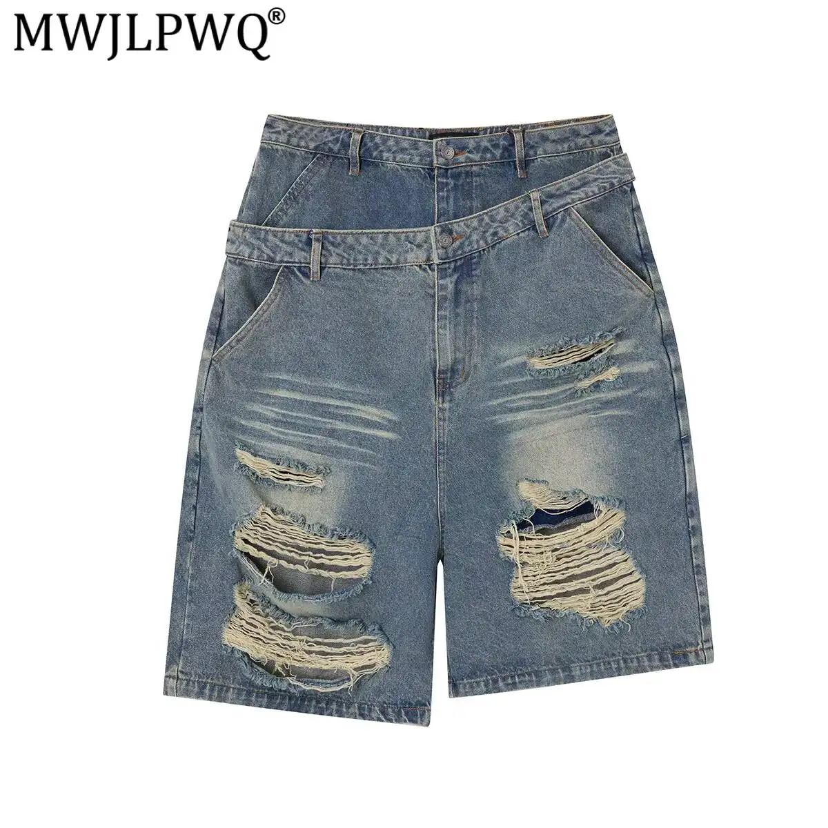 MWJLPWQ New High Street American Style Washed Distressed Ripped Denim Shorts Male 2026 Autumn New Unique Wide-Leg Pants 20036