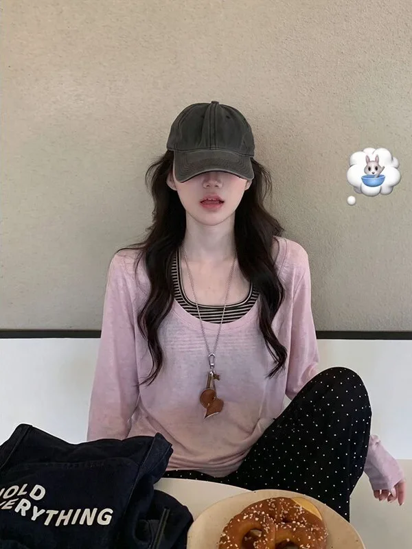 Korean Style Long Sleeve U-Neck T-Shirt Women's Autumn Light Maturity Small Audience Not Collision Model Covering Shirt Strip...