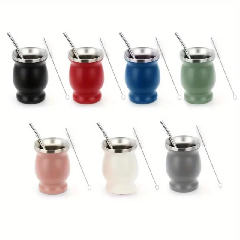 1Set Double-Wall Stainless Tea Set Water Mate Tea Cup 8 Ounces Stainless Steel with Spoon Straw Cleaning Brush Gourd Cup