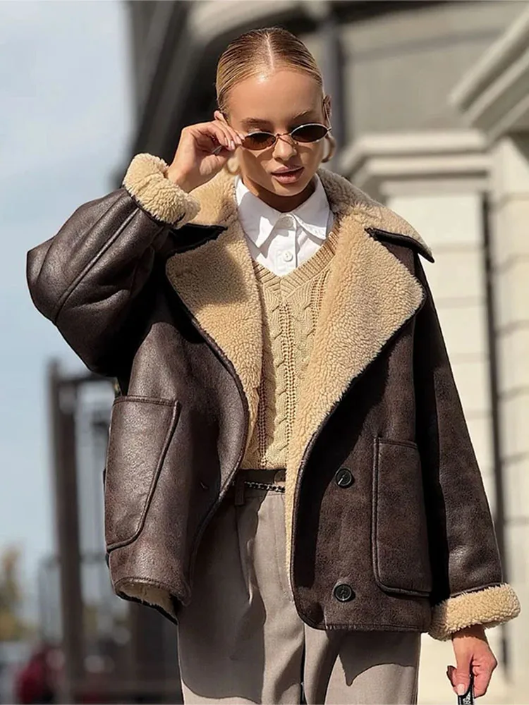 

HH Woman Fashion Long Sleeves Lapel Loose Street Style Coat Women Winter Warm Coat Asymmetric Single-Breasted Pocket Jacket