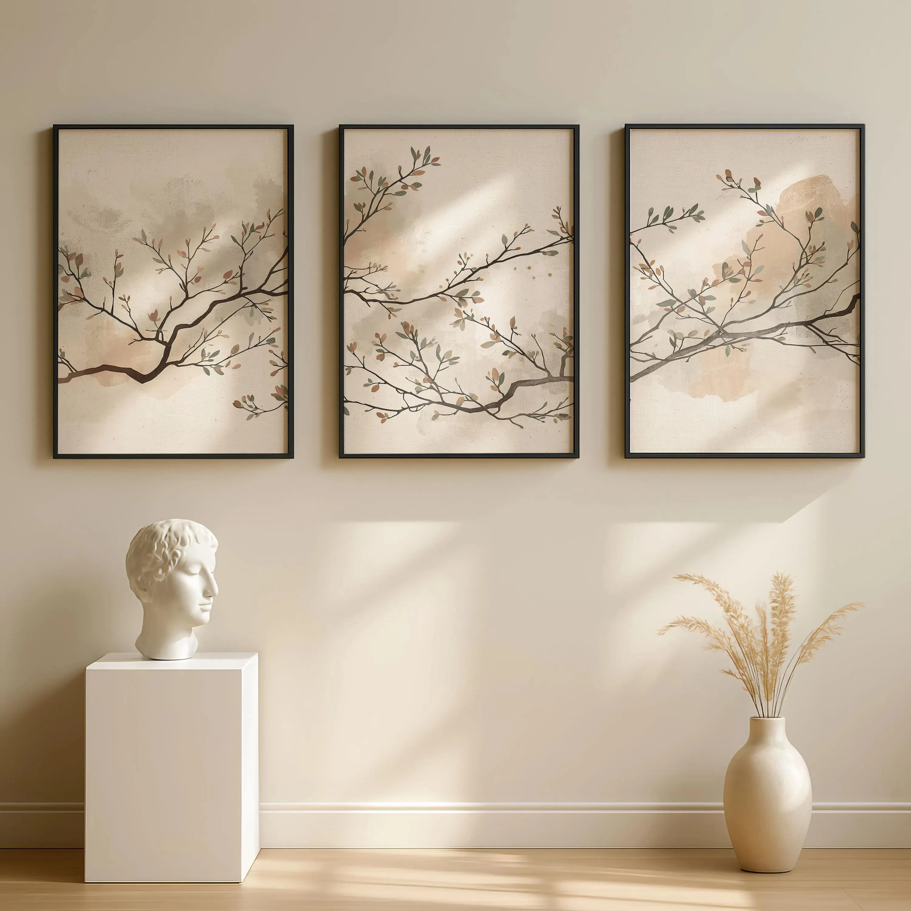(3PCS Unframe)Neutral Botanical Wall Art Set of 3,Japandi Triptych Wall Art,Minimalist Japanese Scandinavian Decor, Beige Taupe